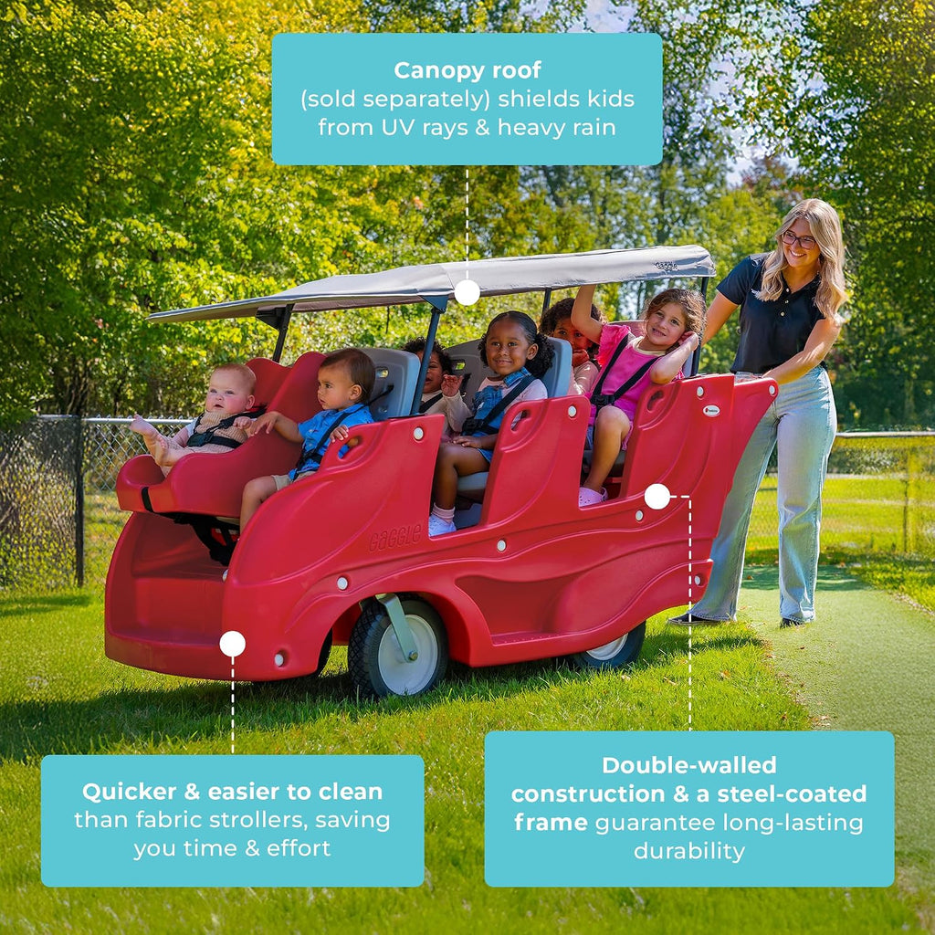 Gaggle by Foundations Parade 6 Seat Buggy Stroller | 6 Passenger Buggy for Kids | 6 Seat Daycare Stroller with 5-Point Safety Harness | EasyLoad Steps | SoftStop Brake | Ergonomic Push Handle | Red
