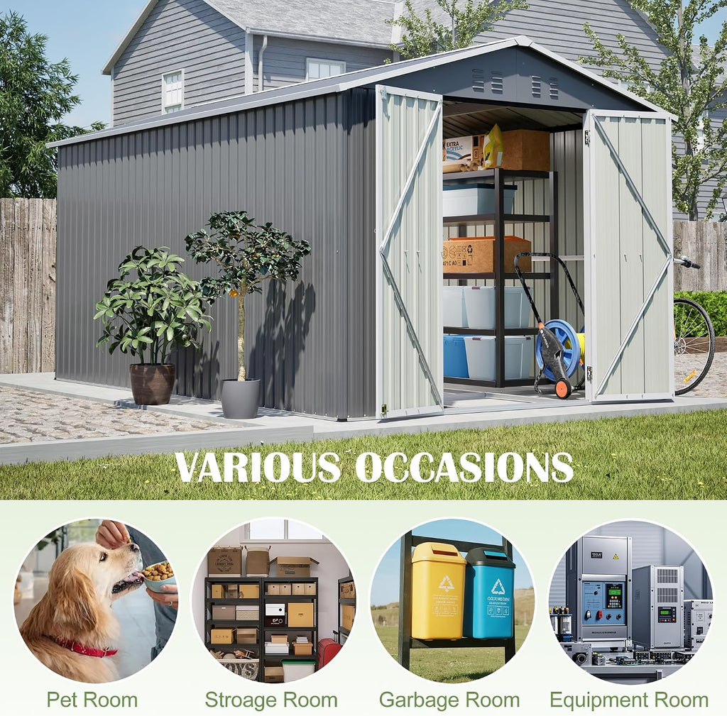 YOPTO 8x12 FT Metal Outdoor Storage Shed,Garden Shed W/ 2 Reversible Lockable Doors & Updated Frame Structure,Outdoor Backyard Tool House W/ 4 Air Vents & Sloped Roof,for Patio,Lawn,Grey
