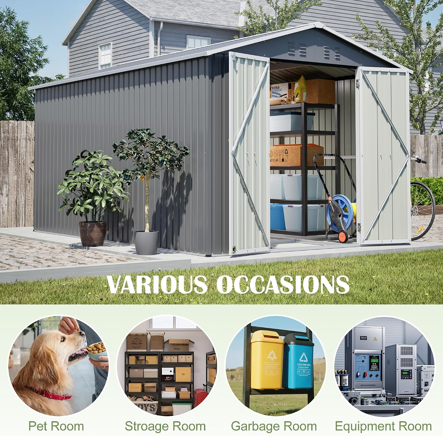 YOPTO 8x12 FT Metal Outdoor Storage Shed,Garden Shed W/ 2 Reversible Lockable Doors & Updated Frame Structure,Outdoor Backyard Tool House W/ 4 Air Vents & Sloped Roof,for Patio,Lawn,Grey