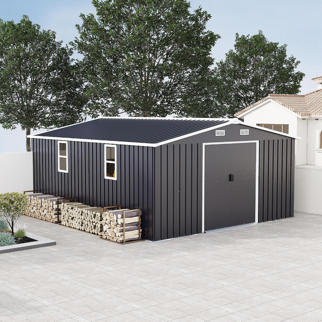 10x12 FT Outdoor Storage Shed, Large Metal Garden Shed with 2 Windows, Outside Tool Sheds with Lockable Sliding Doors, Waterproof Storage Building with 4 Air Vents for Backyard, Patio, Lawn, Dark Gray