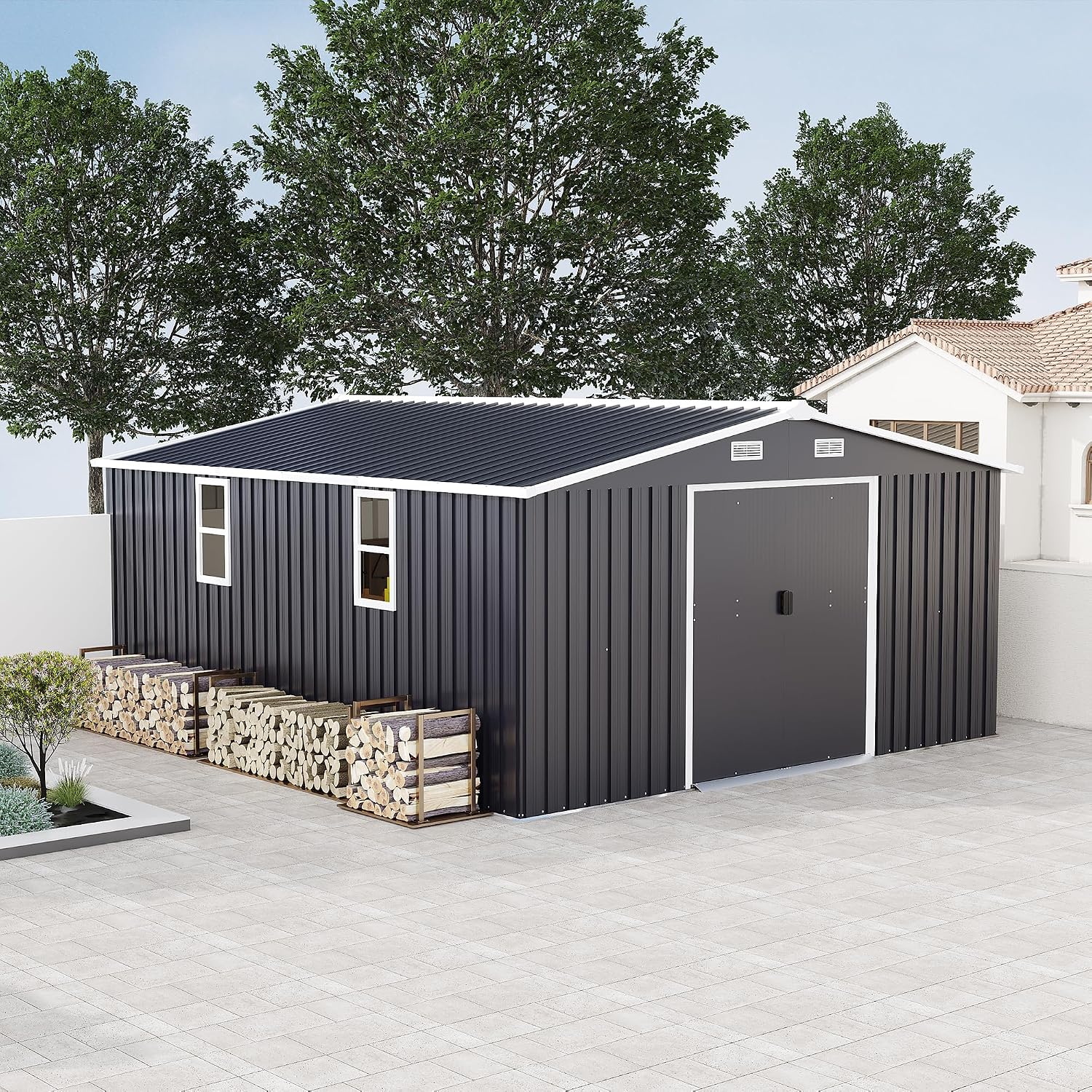 10x12 FT Outdoor Storage Shed, Large Metal Garden Shed with 2 Windows, Outside Tool Sheds with Lockable Sliding Doors, Waterproof Storage Building with 4 Air Vents for Backyard, Patio, Lawn, Dark Gray