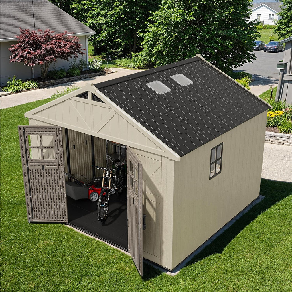 Devoko 10 x 10 FT Plastic Outdoor Storage Shed with Windows, Beige