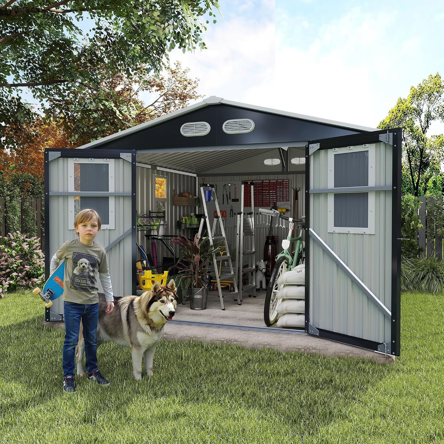 8x8 FT Outdoor Storage Shed:Heavy-Duty Metal Garden Sheds & Outdoor Storage Solution with 4 Daylight Windows,Lockable Doors,Waterproof&UV-Resistant,Shed for Backyard Tool Storage (Dark Gray)