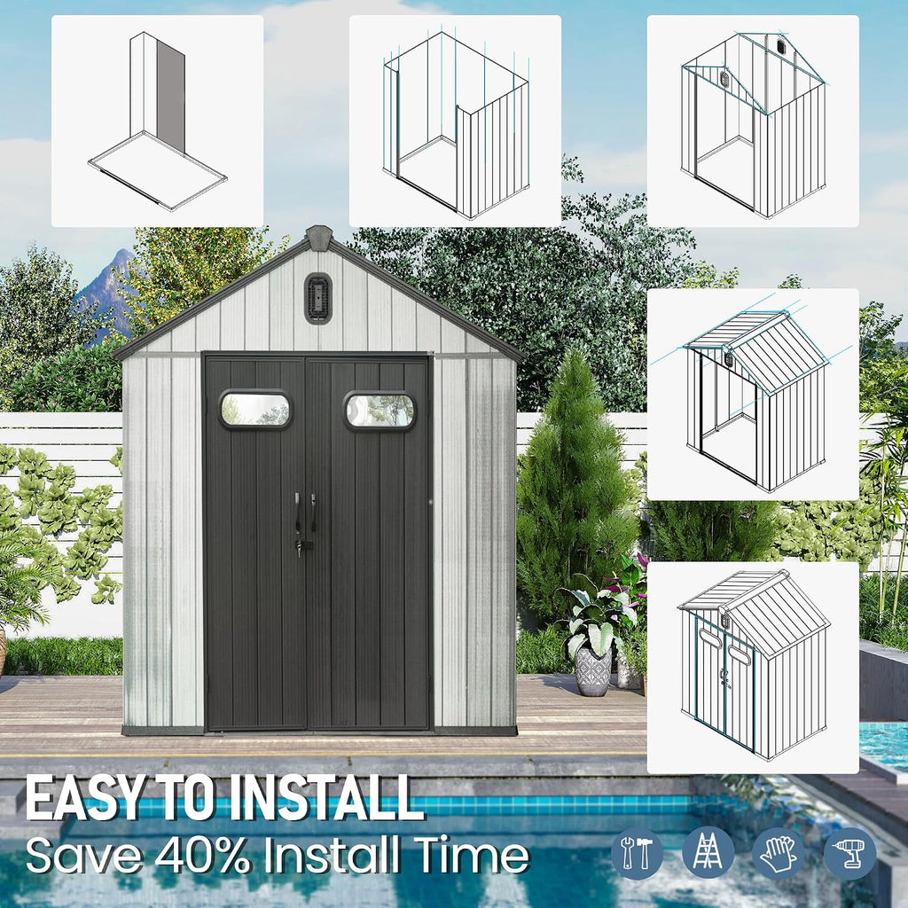 Domi 6x4 FT Outdoor Resin Storage Shed, All-Weather Double-Wall Storage Building for Backyard, Garden, Lawn Tools, Mower, Bike & Pool Equipment, Lockable Doors, Ventilated Roof, Grey