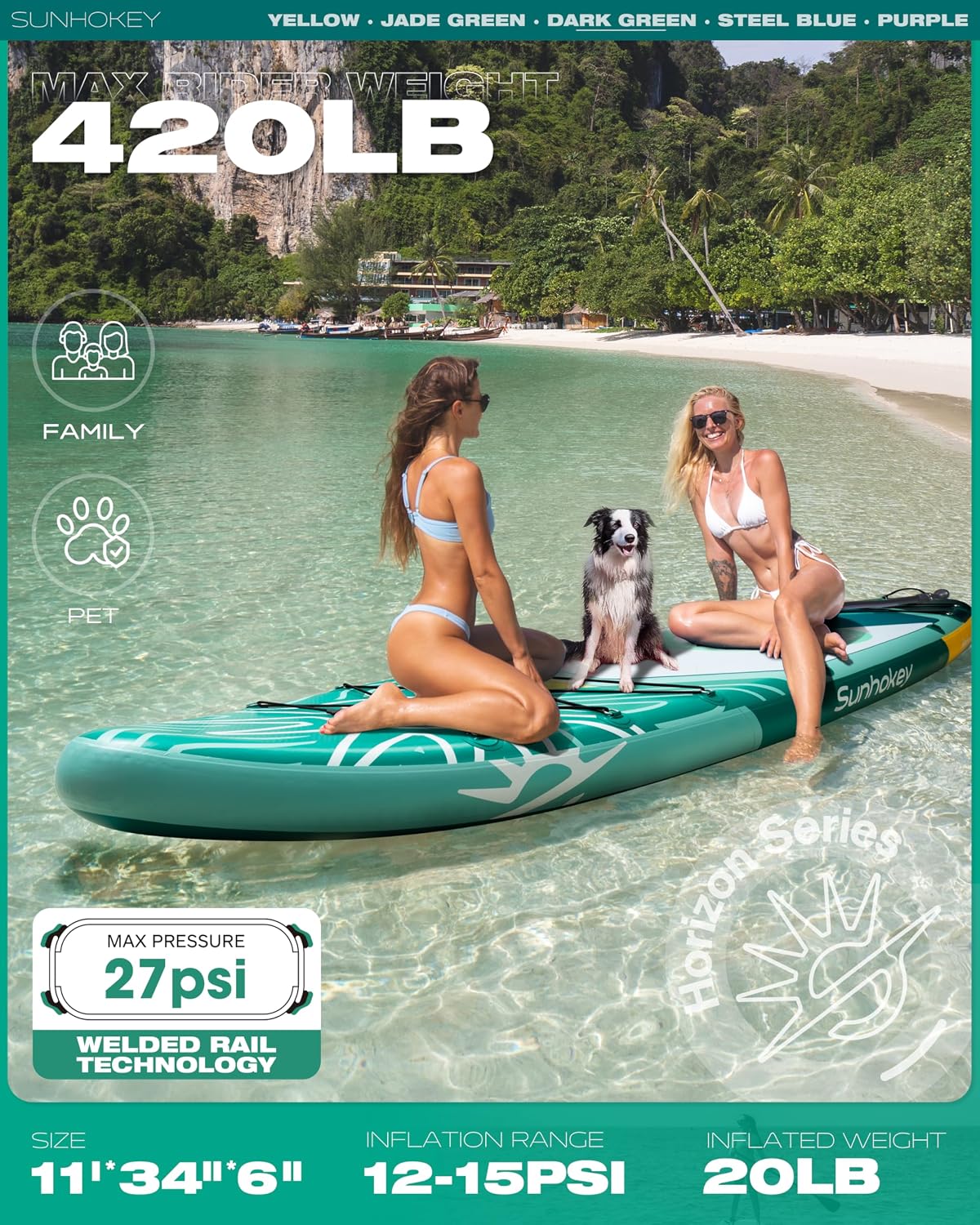 11'×34'' Extra Wide Inflatable Paddle Board with Seam Welded Technology, Stand Up Paddle Board, 420lb Capacity for Adults, Sup Board for All-Level with 2-Blade Paddle/Dual-Action Pump/Leash