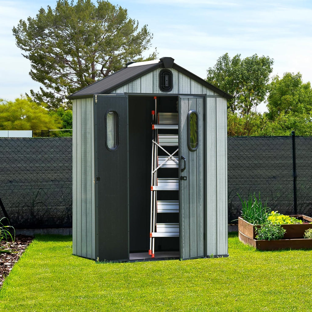 Domi 5x3FT Outdoor Resin Storage Shed with Transparent Windows & Louvered Vents, Plastic Tool Shed with Double Lockable Doors & Gable Roof, Outside Garden Shed for Backyard, Patio, Lawn, Grey