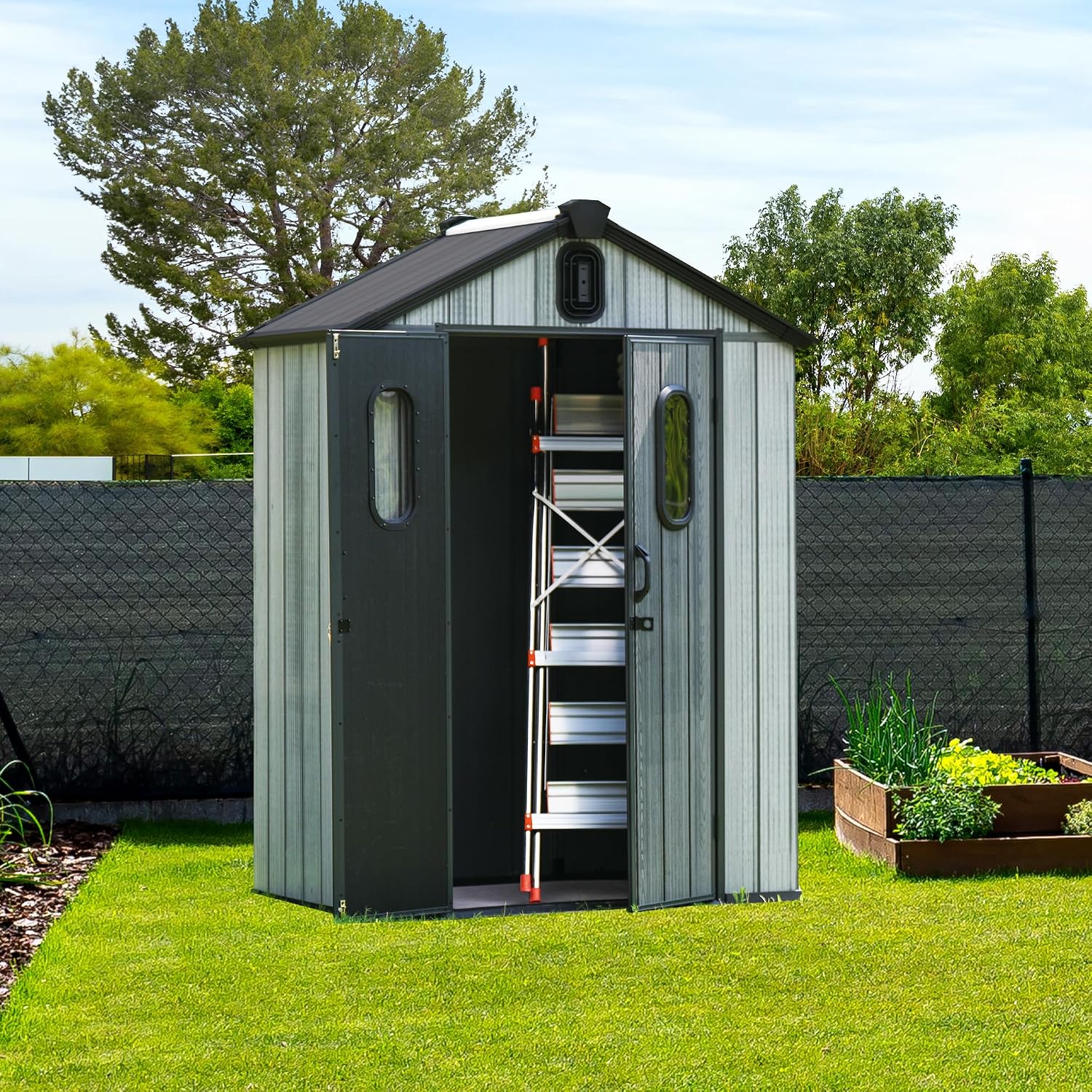Domi 5x3FT Outdoor Resin Storage Shed with Transparent Windows & Louvered Vents, Plastic Tool Shed with Double Lockable Doors & Gable Roof, Outside Garden Shed for Backyard, Patio, Lawn, Grey