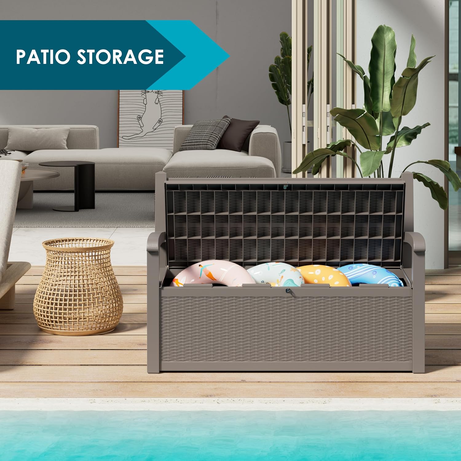 LHBGO 70 Gallon Storage Bench Deck Box for Patio Furniture with Armrest Bench Outdoor Storage