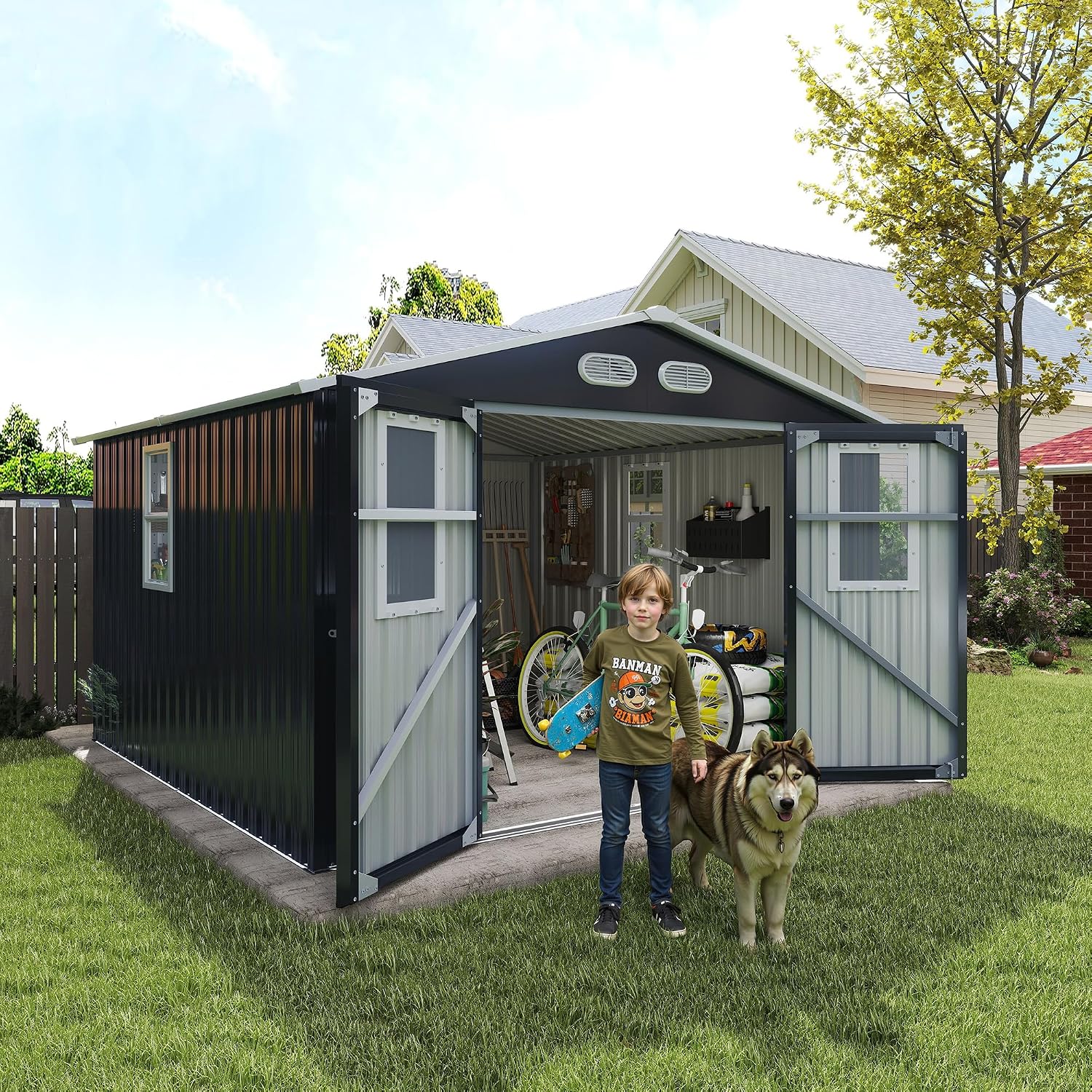 KEIKI 8x8 Metal Storage Shed with Protective Film, Four Daylight Windows, Lockable Doors, Heavy-Duty Color Steel Outdoor Storage Shed for Backyard Garden, Sheds & Outdoor Storage, Dark Gray