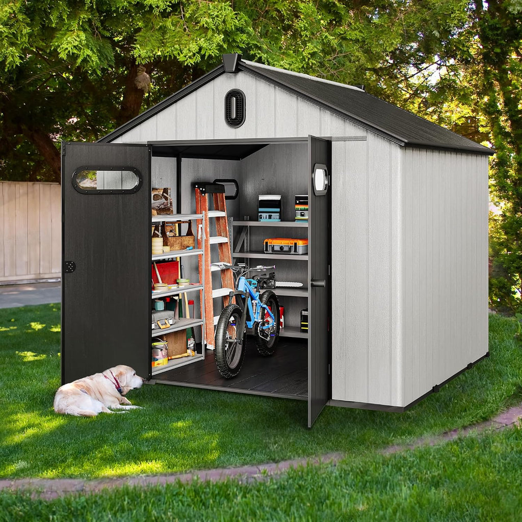 YITAHOME 8x8ft Outdoor Storage Shed with Floor, 427 cuft Waterproof Plastic Garden Shed with Lockable Door, Windows & Vents, Plastic Tool Storage for Patio Furniture, Lawn Mower, Bike Storage, Gray