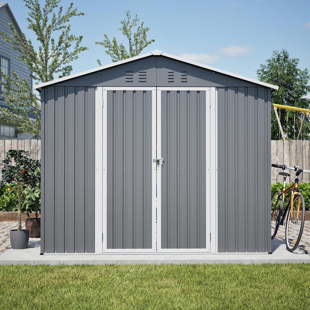 YOPTO 8x12 FT Metal Outdoor Storage Shed,Garden Shed W/ 2 Reversible Lockable Doors & Updated Frame Structure,Outdoor Backyard Tool House W/ 4 Air Vents & Sloped Roof,for Patio,Lawn,Grey