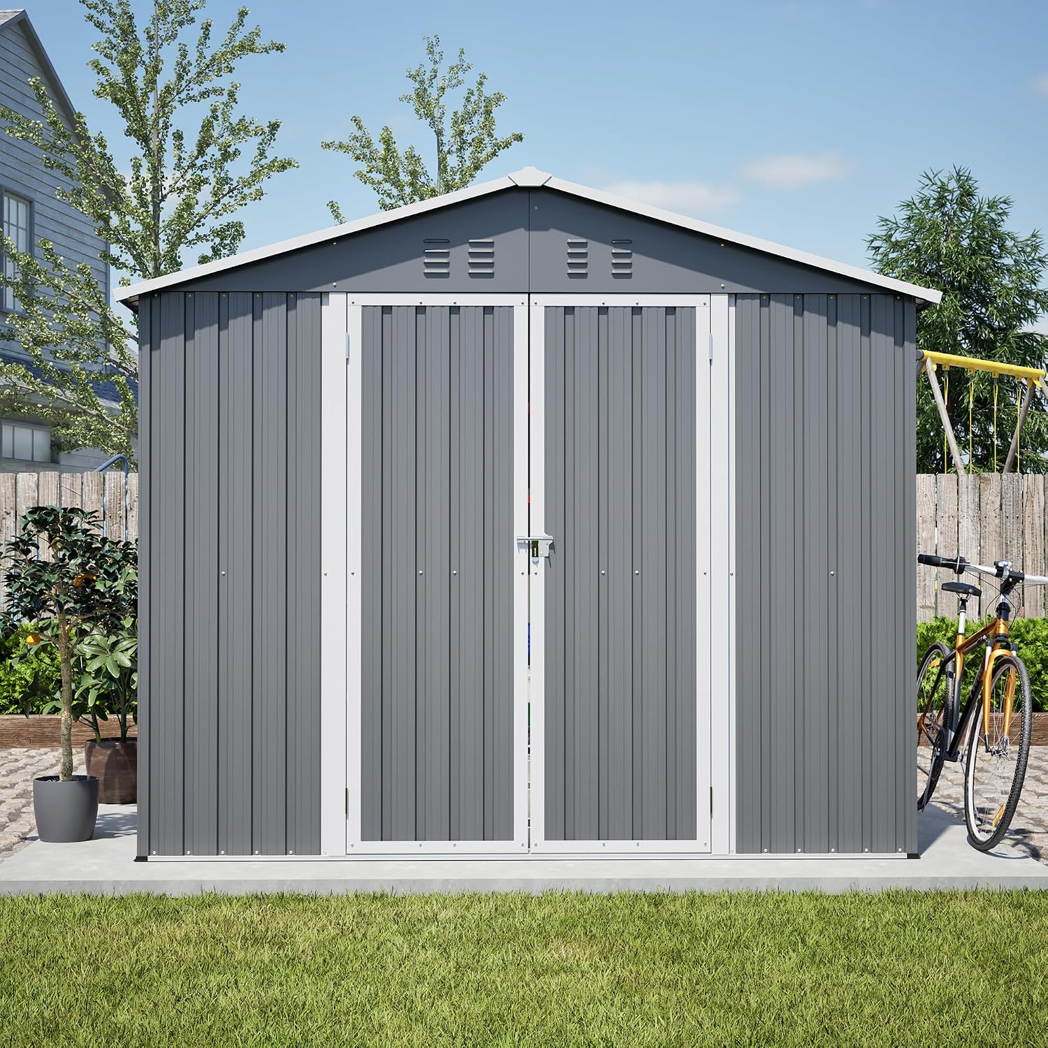 YOPTO 8x12 FT Metal Outdoor Storage Shed,Garden Shed W/ 2 Reversible Lockable Doors & Updated Frame Structure,Outdoor Backyard Tool House W/ 4 Air Vents & Sloped Roof,for Patio,Lawn,Grey