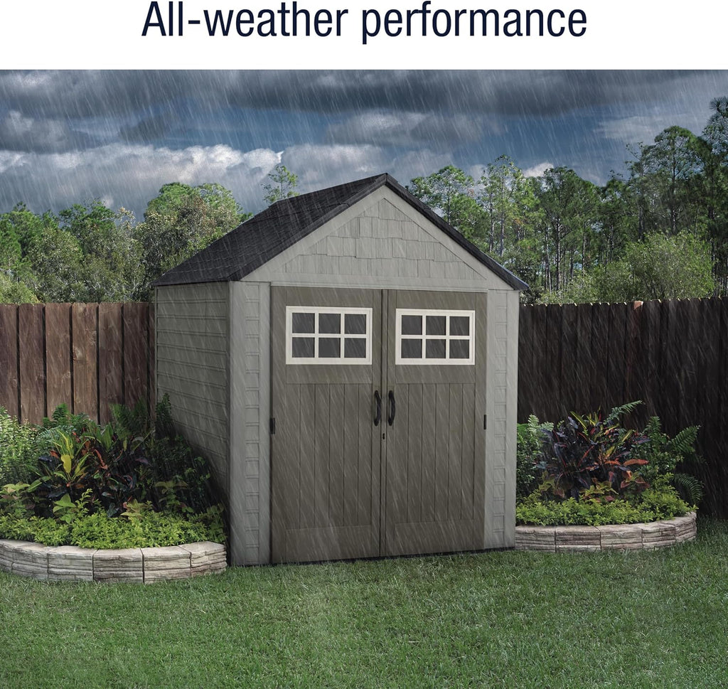 Rubbermaid 7 Foot by 7 Foot Weatherproof Outdoor Storage Shed for Garden Tools and Lawn Machinery Organization with Lockable Double Door Sandstone