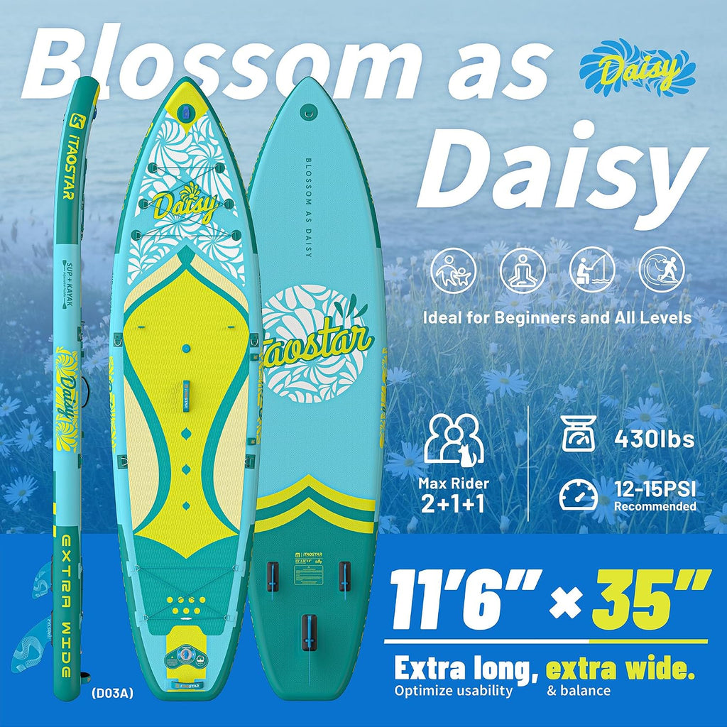 iTAOSTAR Daisy 11'6' × 35' Extra Wide Paddle Board with Seat, One-Stop Premium SUP Board Accessories, Tailored 5 Fins, Stable Stand Up Paddle Boards for Youth of All Skill Levels