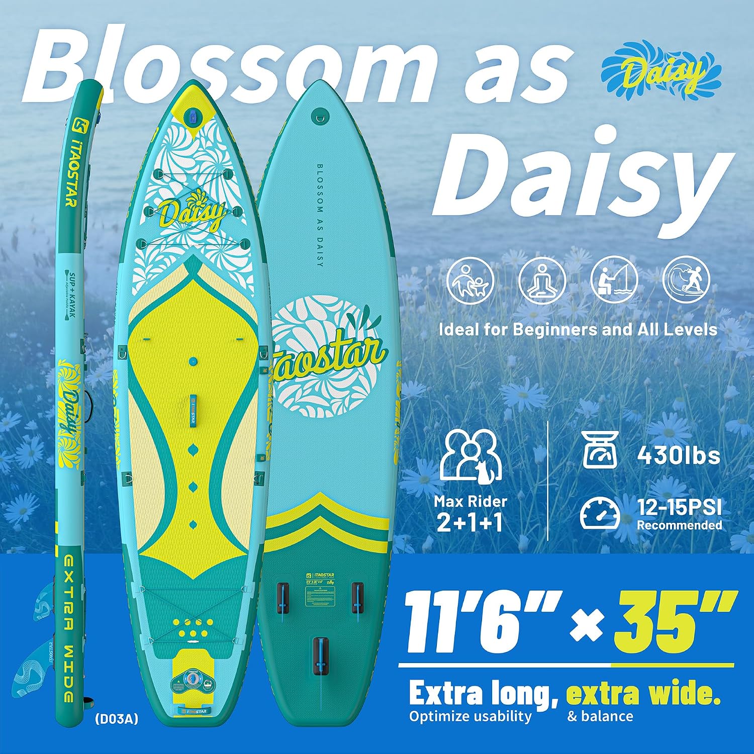 iTAOSTAR Daisy 11'6' × 35' Extra Wide Paddle Board with Seat, One-Stop Premium SUP Board Accessories, Tailored 5 Fins, Stable Stand Up Paddle Boards for Youth of All Skill Levels