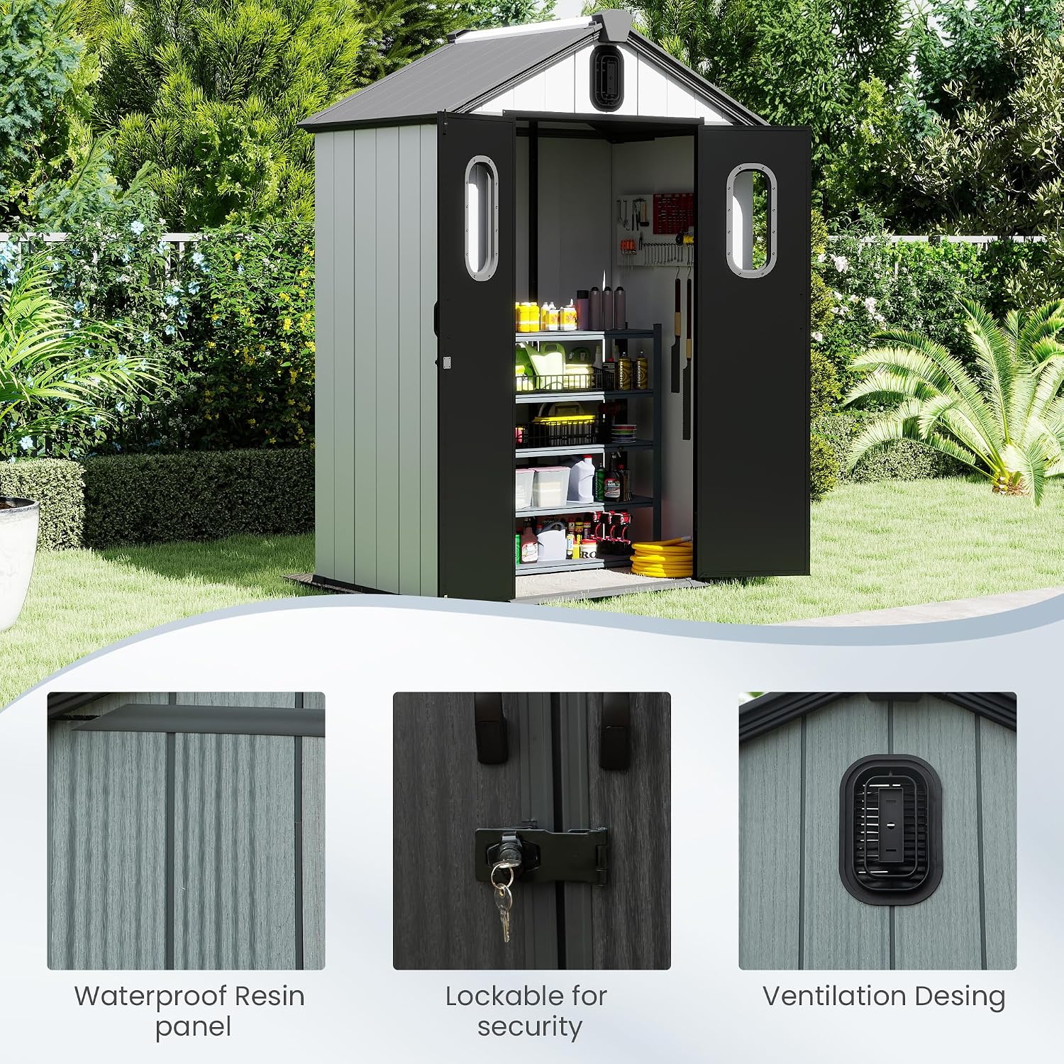 Domi 5x3 FT Outdoor Resin Storage Shed, All-Weather Double-Wall Storage Building for Backyard, Garden, Lawn Tools, Mower, Bike & Pool Equipment, Lockable Doors, Ventilated Roof, Grey
