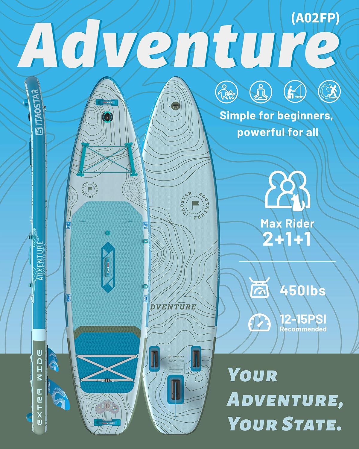 iTAOSTAR Adventure 12' × 35'/39' Inflatable Stand Up Paddle Board with Seat, Extra Wide SUP Board with 5 Fins Stable Design for Adults, Youth, All Skill Levels, Lakes, Oceans & Fishing