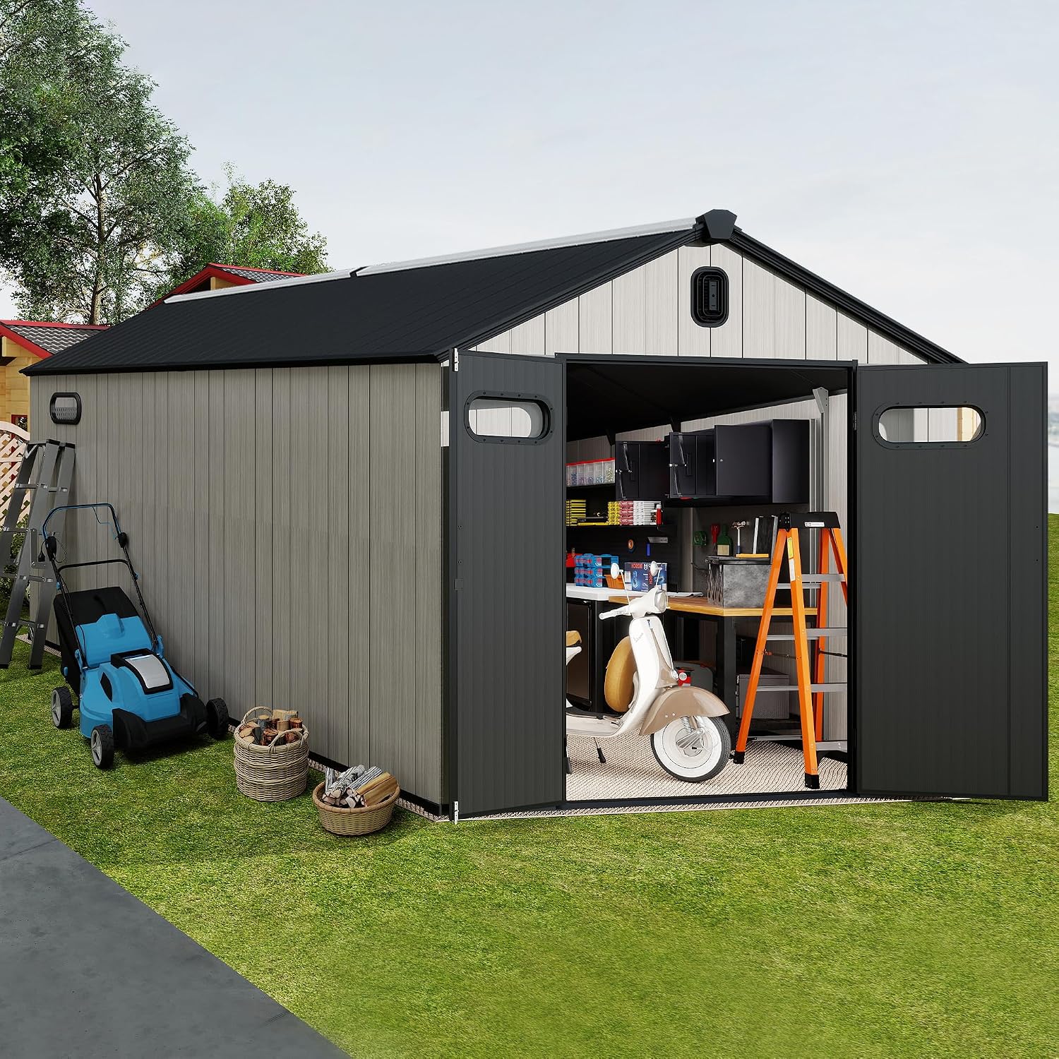 Domi 8x15.5FT Outdoor Resin Storage Shed with Transparent Windows & Louvered Vents, Plastic Tool Shed with Double Lockable Doors & Gable Roof, Outside Garden Shed for Backyard, Patio, Lawn, Grey