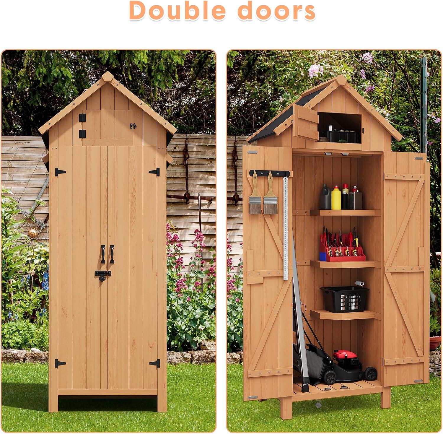 70in Tall Outdoor Storage Shed, Waterproof Wooden Garden Tool Shed with 4 Shelves and Lockable Doors, Vertical Outdoor Storage Cabinet for Patio Yard Lawn
