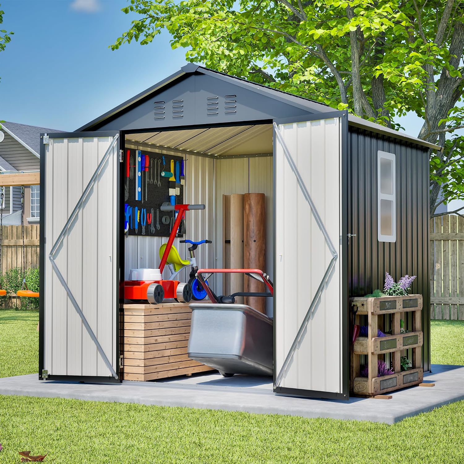 6X6 FT Garden Storage Shed with Lockable Door,Steel Tool Shed, Metal Shed for Backyard Patio Lawn