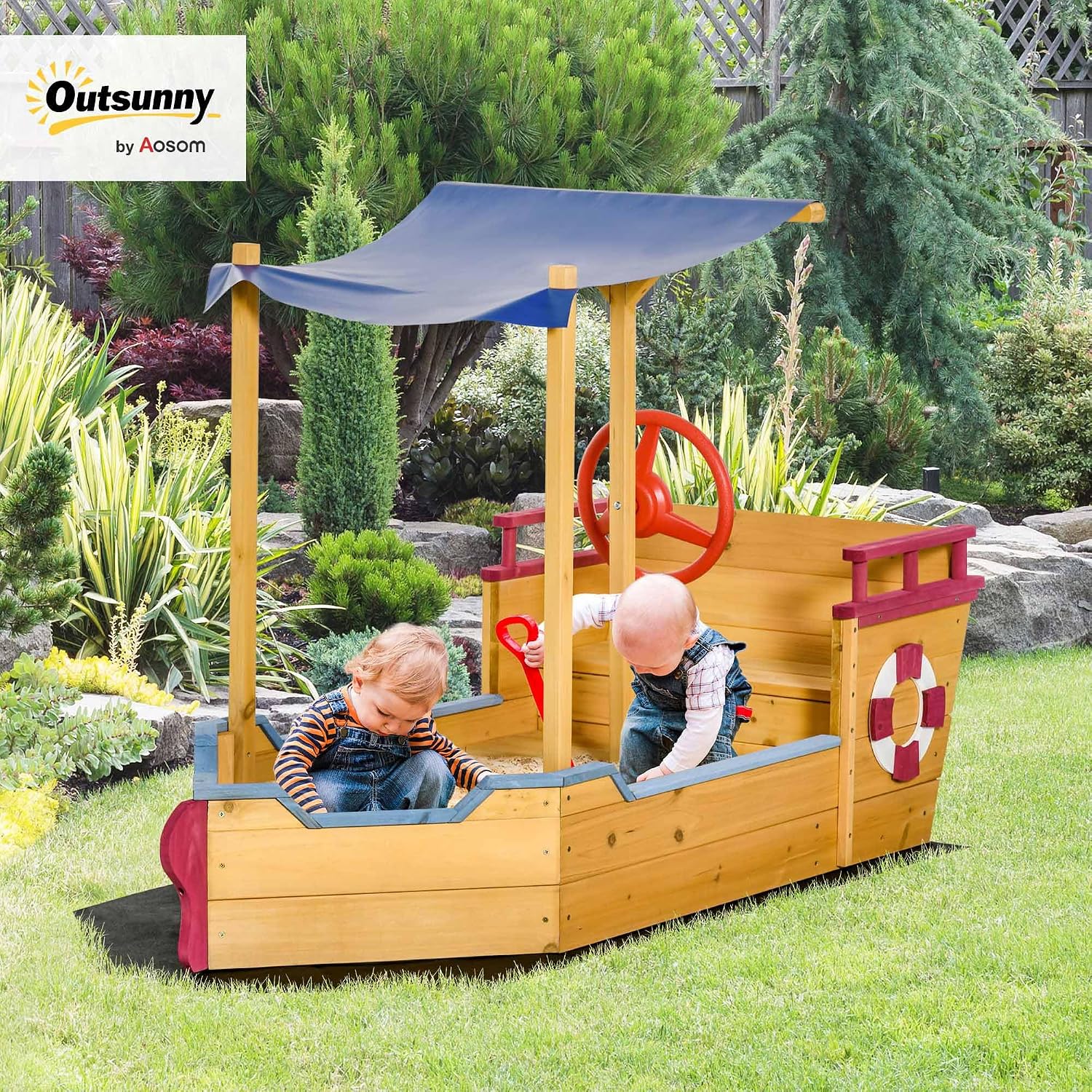 Outsunny Wooden Kids Sandbox with Canopy, Ship-Shape Outdoor Sandboat with Bench Seats, Storage, Non-Woven Fabric Cloth for Backyard, Lawn, Orange