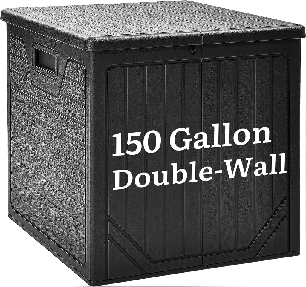 YITAHOME 150 Gallon Large Outdoor Deck Box, Lockable Resin Storage Box and Waterproof Patio Furniture Bin for Garden Tools & Pool Accessories, Black