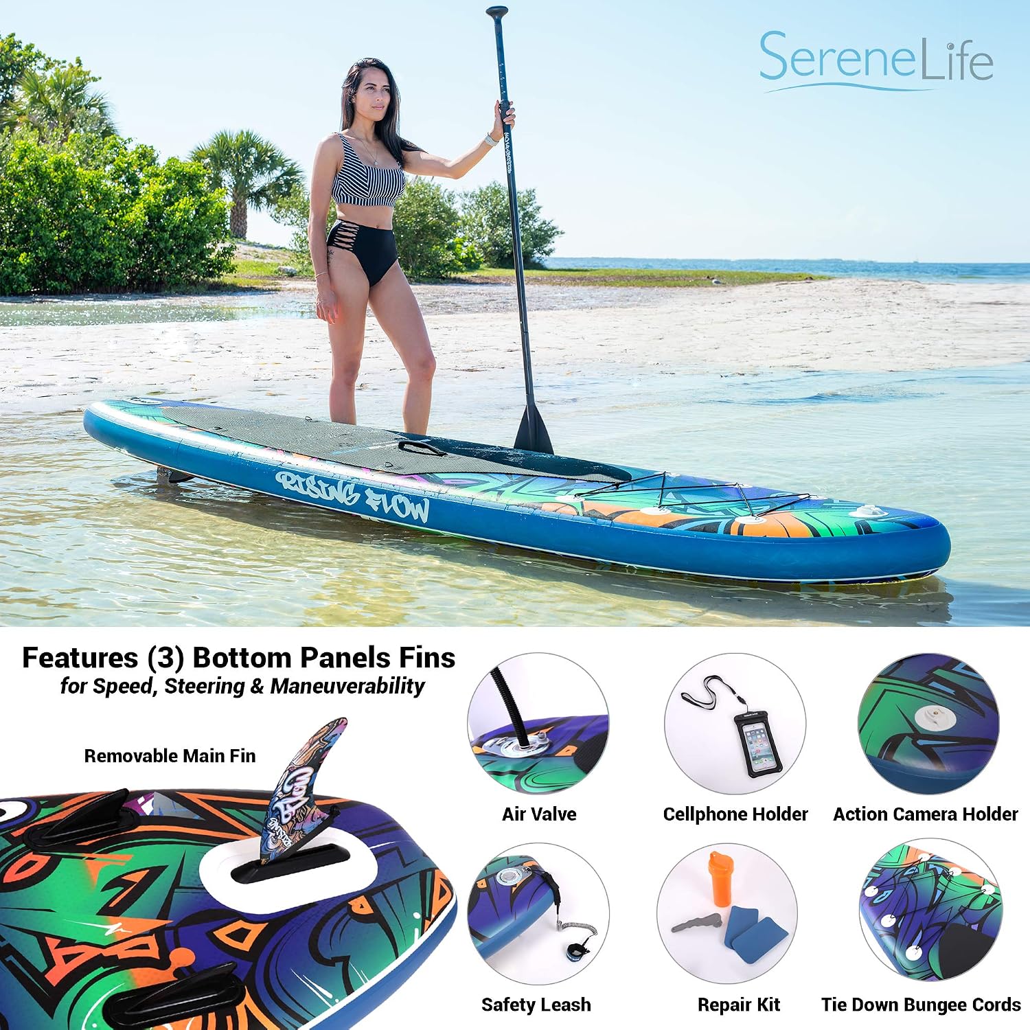 SereneLife Inflatable Stand Up Paddle Board - Wide Stable Design, Non-Slip Deck for Adults & Youth with Premium Paddle Board Accessories: Carry Bag, Dual Action Pump, Paddle, Ankle Leash - 10'6'
