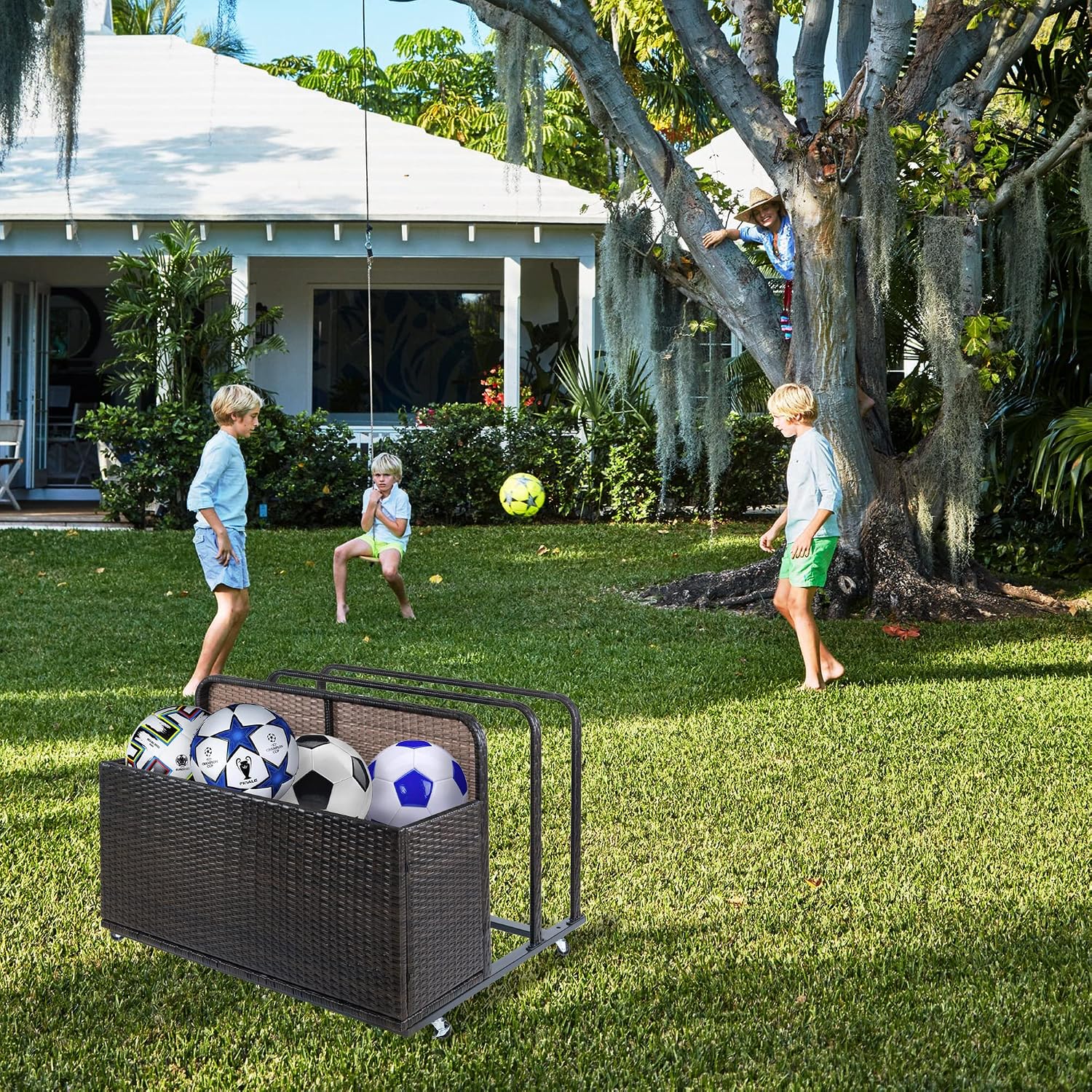 Double Layer Poolside Float Storage, Outdoor Storage, PE Rattan Outdoor Pool Caddy with Rolling Wheels for Floaties, Patio Poolside Float Storage Basket, Storage Box, Patio, Pool, Beach-Sturdy