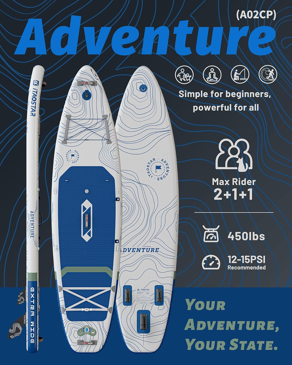 iTAOSTAR Adventure 12' × 35'/39' Inflatable Stand Up Paddle Board with Seat, Extra Wide SUP Board with 5 Fins Stable Design for Adults, Youth, All Skill Levels, Lakes, Oceans & Fishing