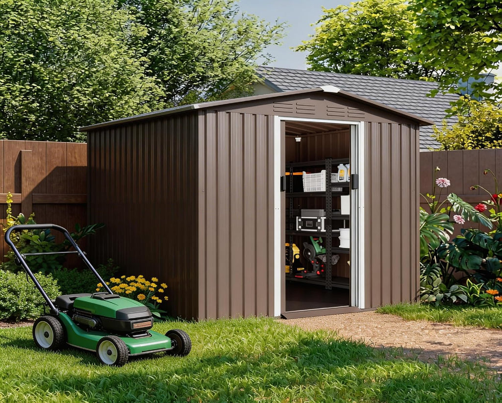 ALAULM 8'x6' Outdoor Storage Shed with Floor Outdoor Galvanized Metal Tool Shed with Vents & Sliding Door, Waterproof Garden Shed for Patio,Lawn,Backyard to Store Bikes,Tools-Brown