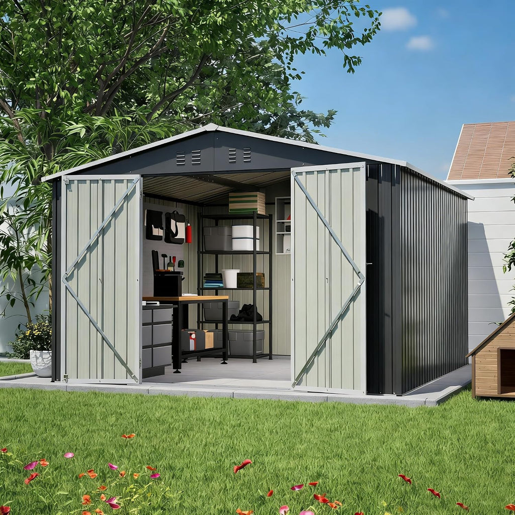 YOPTO 10x10 FT Outdoor Storage Shed,Large Metal Tool Sheds with Updated Frame Structure and Lockable Doors, Garden Shed for Backyard Patio Lawn, Black