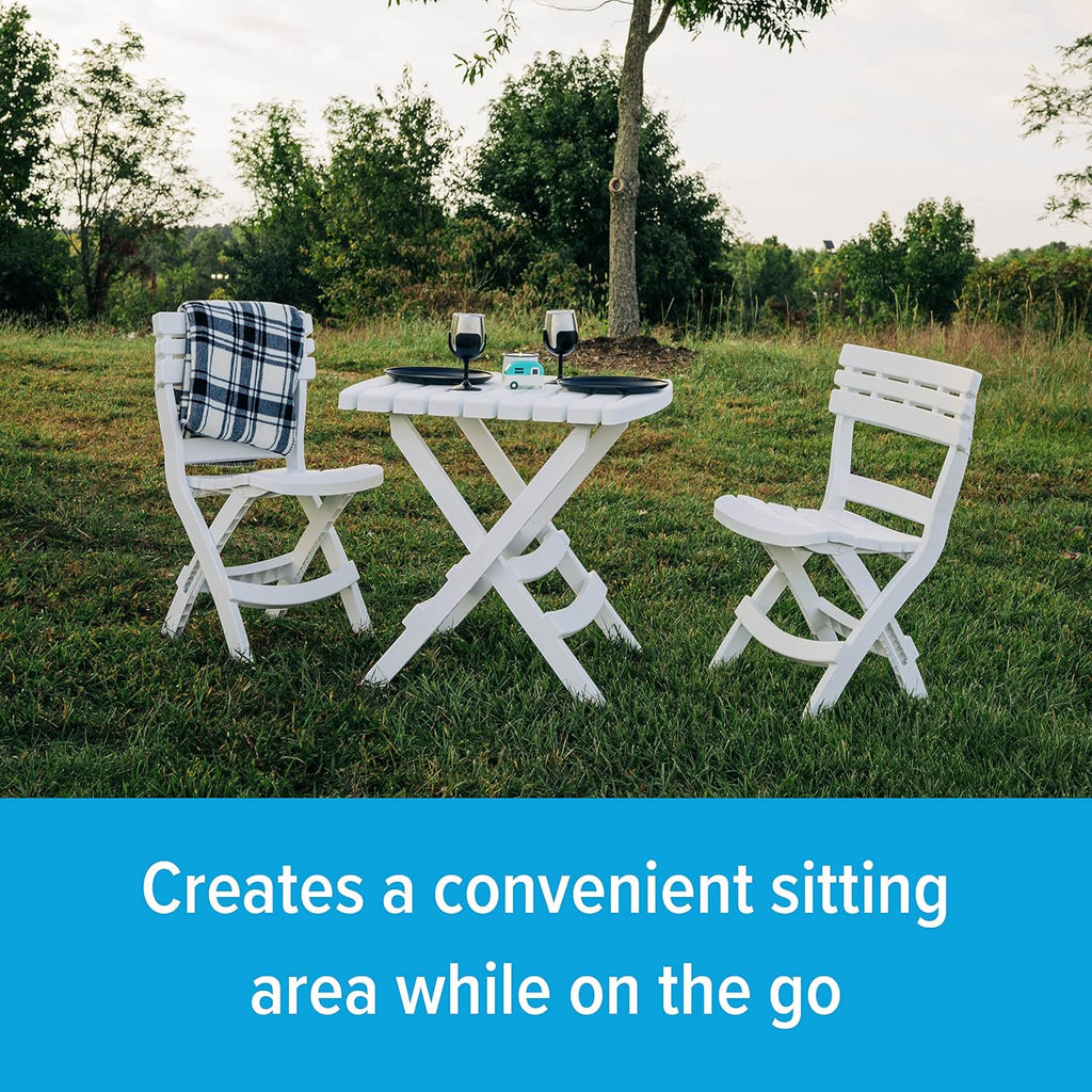 Camco Outdoor Table and Chair Set | Features Foldable Design for Compact RV Storage and Organization | Great for Camping, Events, Patios, and More | No-Tool Assembly | 3-Piece, White (51640)