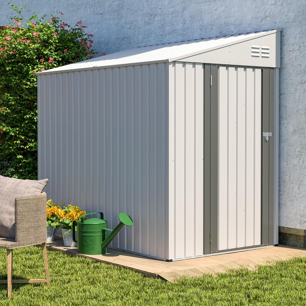 4x7 FT Lean to Shed with Single Lockable Side Door, Outdoor Metal Storage Shed, Sloping Roof Galvanized Utility Steel Tool Shed for Garden, Patio, Lawn & Backyard