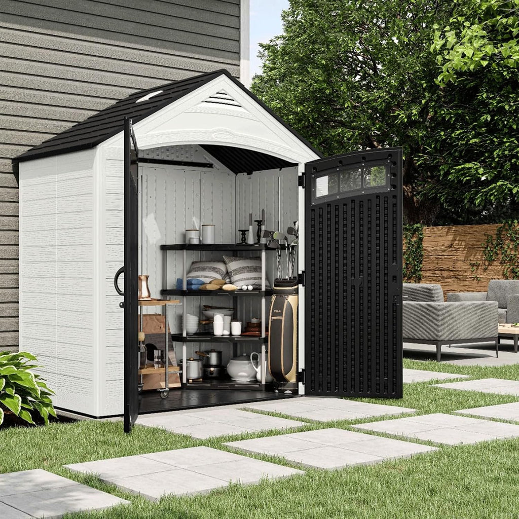 Suncast 7x4 Ft. Vista Vertical Resin Shed - Outdoor Storage Shed with Floor, Double Doors, IllumiVent™ Ventilation, Reinforced Resin Panels - Ideal for Ladders, Long-Handled Tools, & Garden Equipment