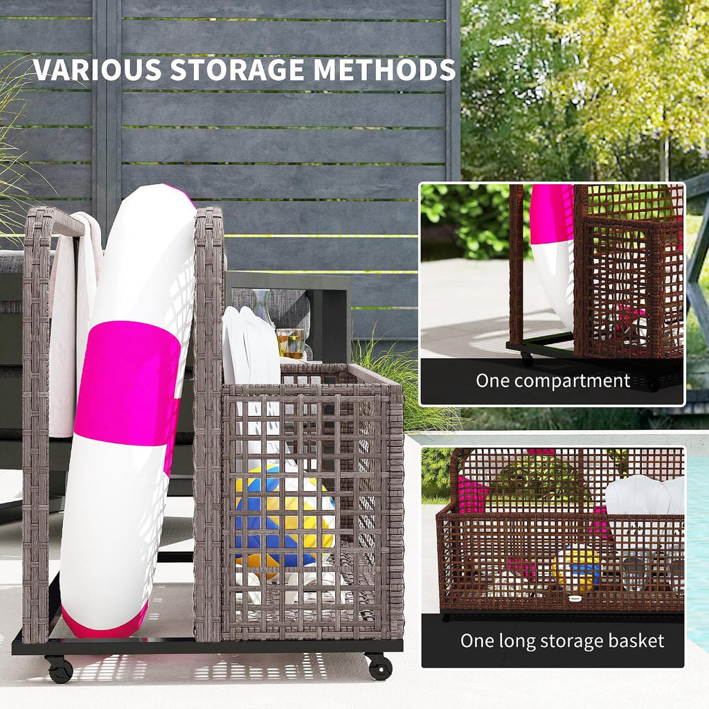 Outsunny Patio Wicker Pool Float Storage with Wheels, Outdoor Rolling PE Rattan Pool Caddy, Includes Compartment and Basket, for Pool, Garden, Deck, Light Gray