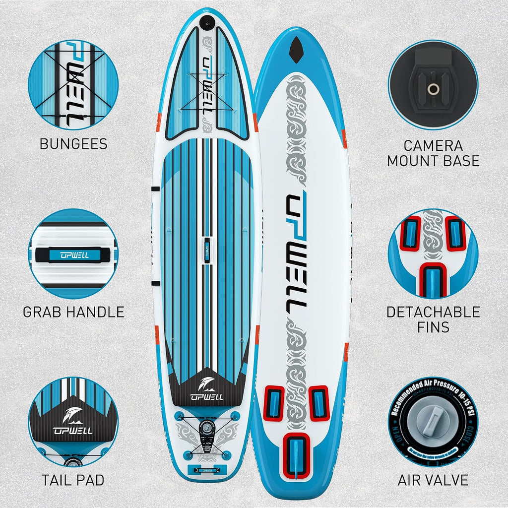 UPWELL 11'6'/11'2'/11'/10'8'/10'6'/10'2' Inflatable Stand Up Paddle Board with sup Accessories Including Backpack, Repairing Kits, Non-Slip Deck, Leash, 3 Fins, Paddle and Hand Pump