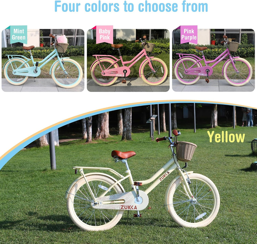 WEEROCK Girls Bike 20/24 Inch Kid Bicycle for 7 + Years Old, 20' 24' Bikes with Front Basket and Rear Rack, V and Coaster Brake for Children, Student Multiple Colors