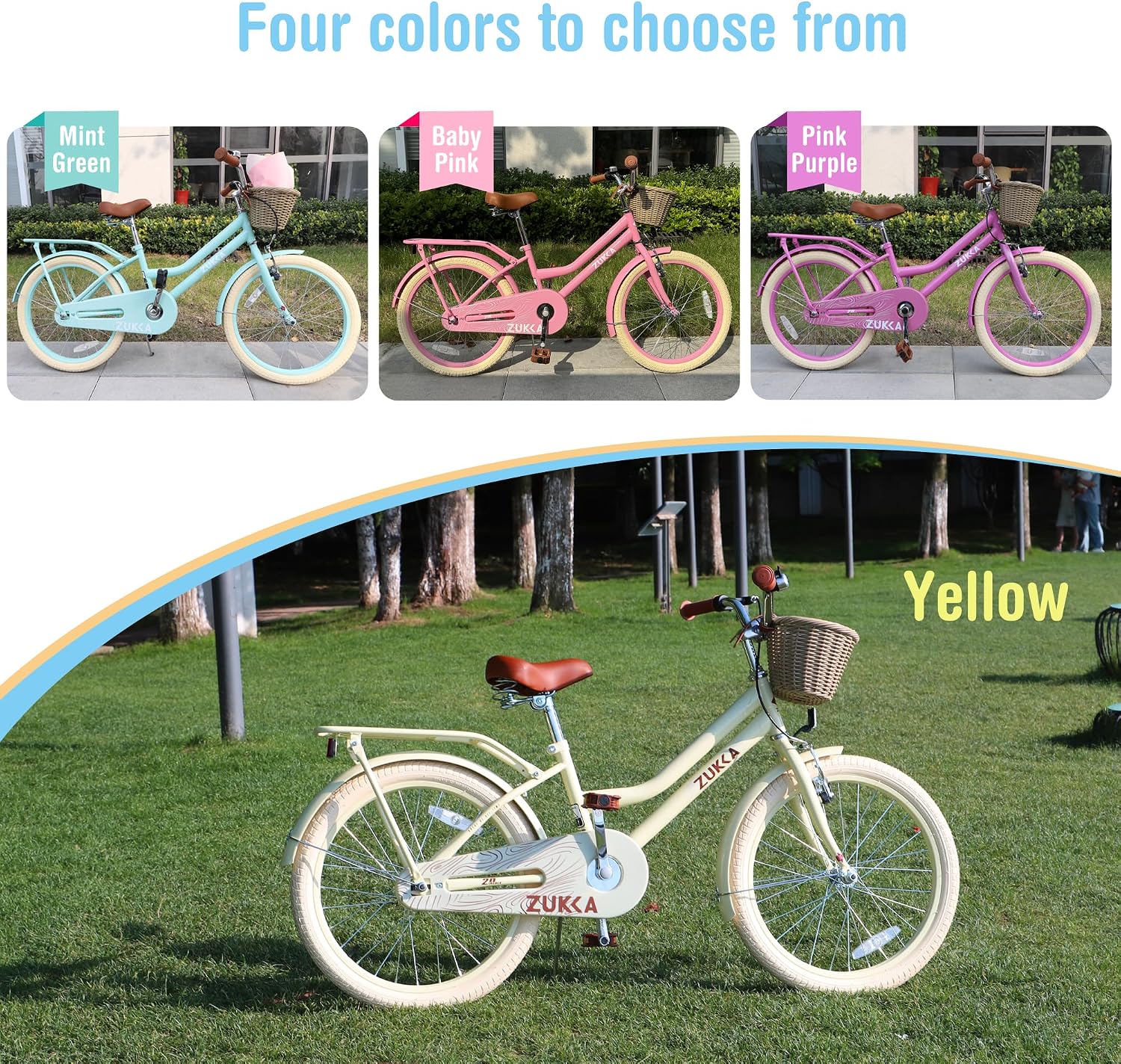 WEEROCK Girls Bike 20/24 Inch Kid Bicycle for 7 + Years Old, 20' 24' Bikes with Front Basket and Rear Rack, V and Coaster Brake for Children, Student Multiple Colors