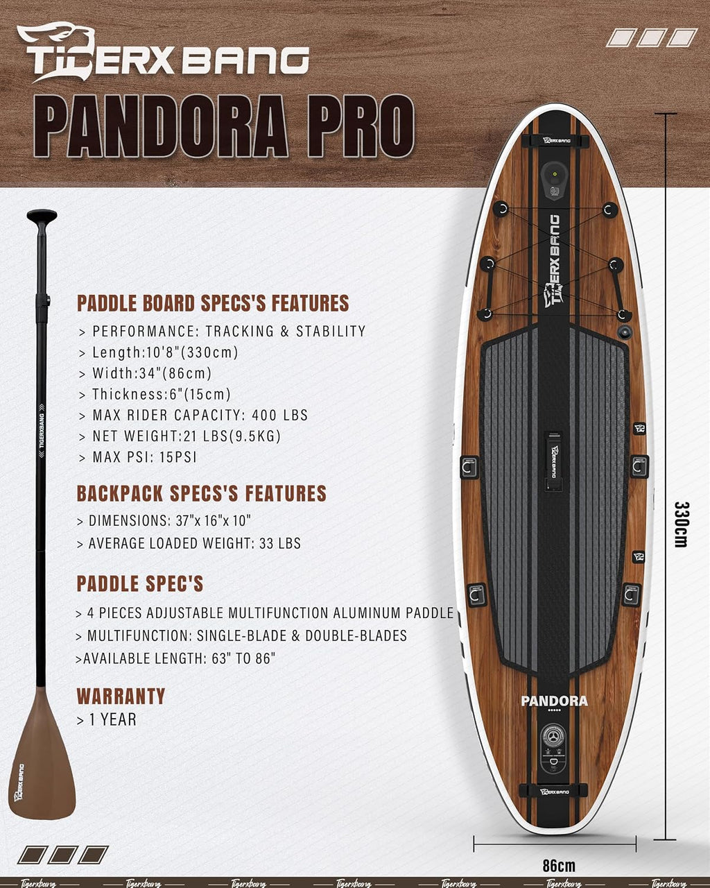 TIGERXBANG Paddle Board, 10.8' Stand Up Paddle Board with Premium Complete Inflatable SUP Accessories, Extra Wide Paddleboards for Adults & Kids-Pandora Collection