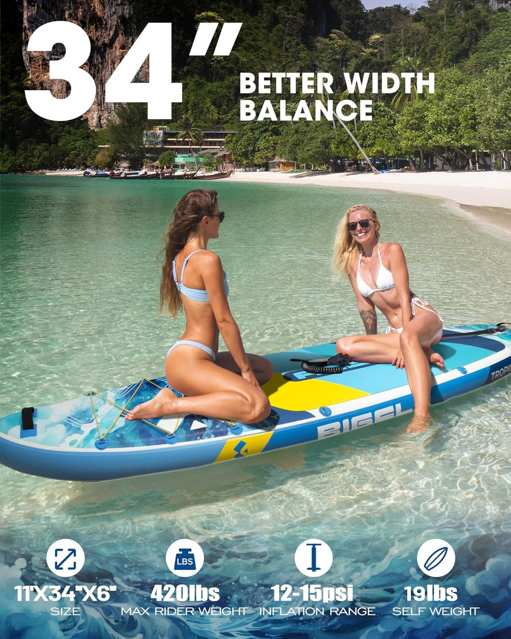 Bigfly Inflatable Stand Up Paddle Board 11'*34'*6', Blow Up Paddle Board for Adults,with Detachable Fins, Pump, Floating Paddle, Safety Leash,Backpack