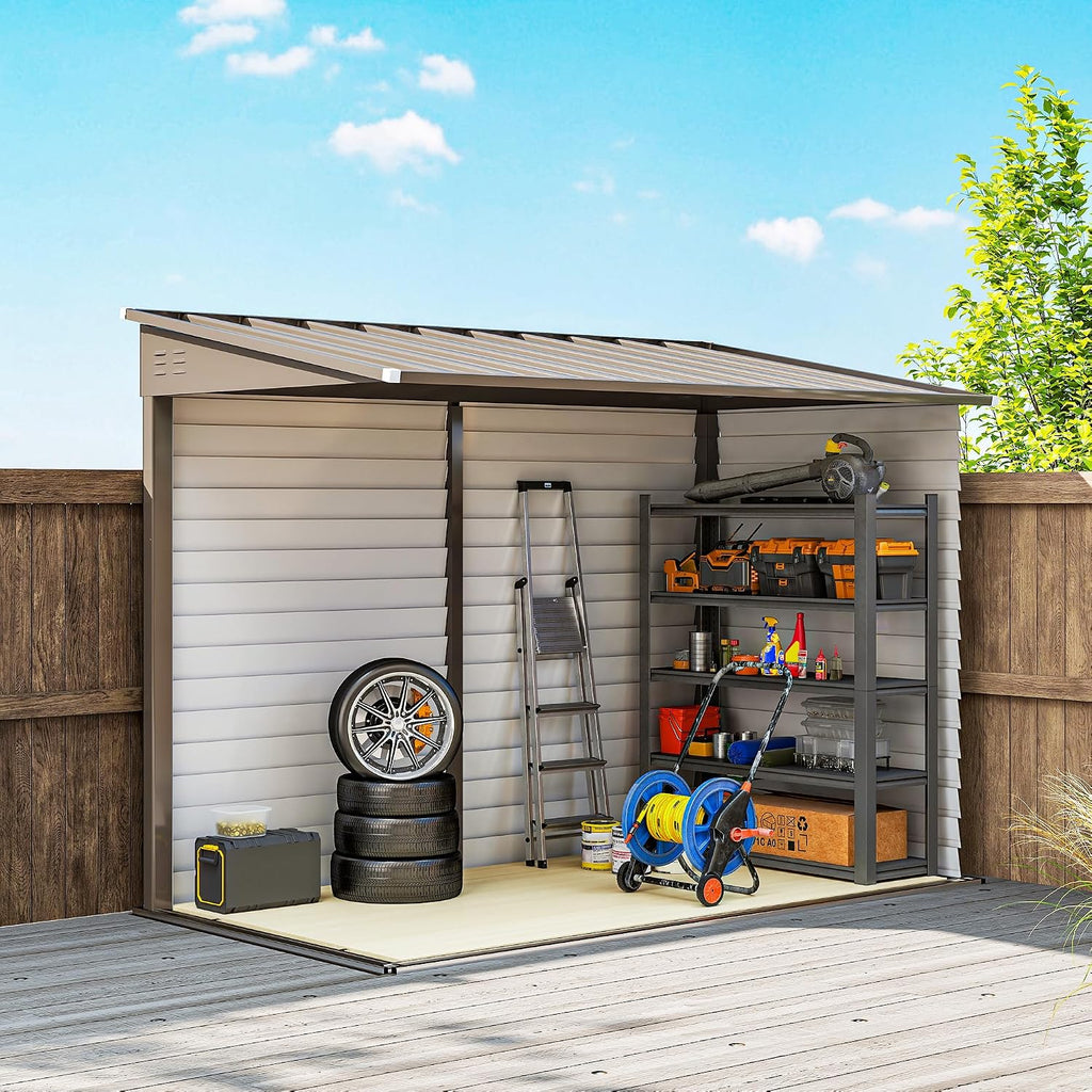 Outsunny 4.6' x 9' Steel Outdoor Storage Shed, Waterproof Lean to Shed, Metal Garden Tool House with Foundation Kit, Lockable Doors, Gloves and 2 Air Vents for Backyard, Patio, Lawn, Brown