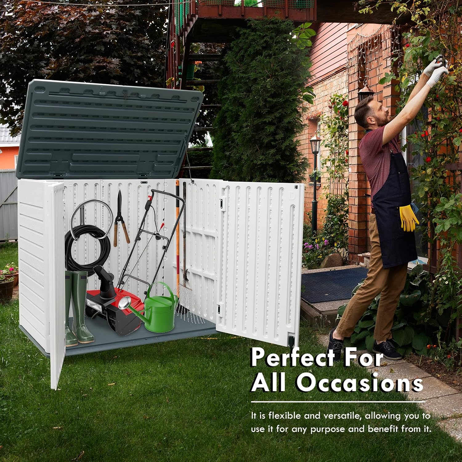 35 Cu.ft Outdoor Storage Shed, Large Resin Storage Box, Waterproof & Lockable Cabinet for Garden Yard Patio Garage Backyard Storage (White - 35 Cu. ft)