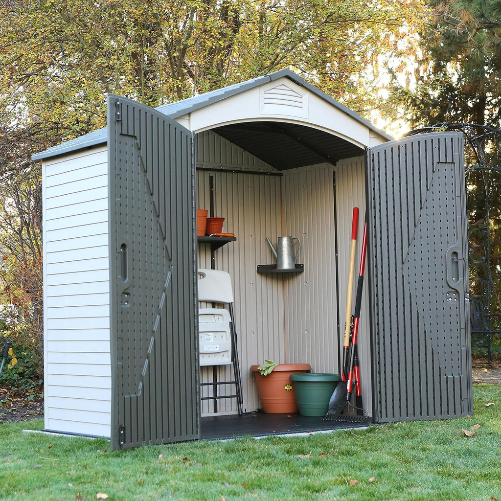 Lifetime 7x4.5 Ft Outdoor Storage Shed, Double Wall Construction, Steel-Reinforced Doors, UV Protected HDPE, Adjustable Shelving, Ridge Skylight, 165 Cu Ft Capacity