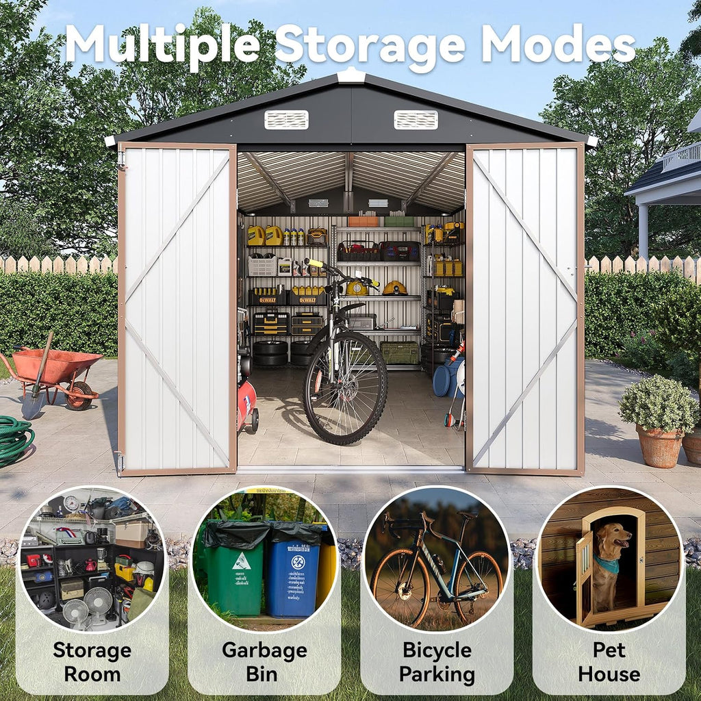 8x12FT Outdoor Storage Shed, Metal Garden Shed with Lockable Double Doors & Sloping Roof, Weather-Resistant Tool Shed for Backyard, Patio, Poolside Brown