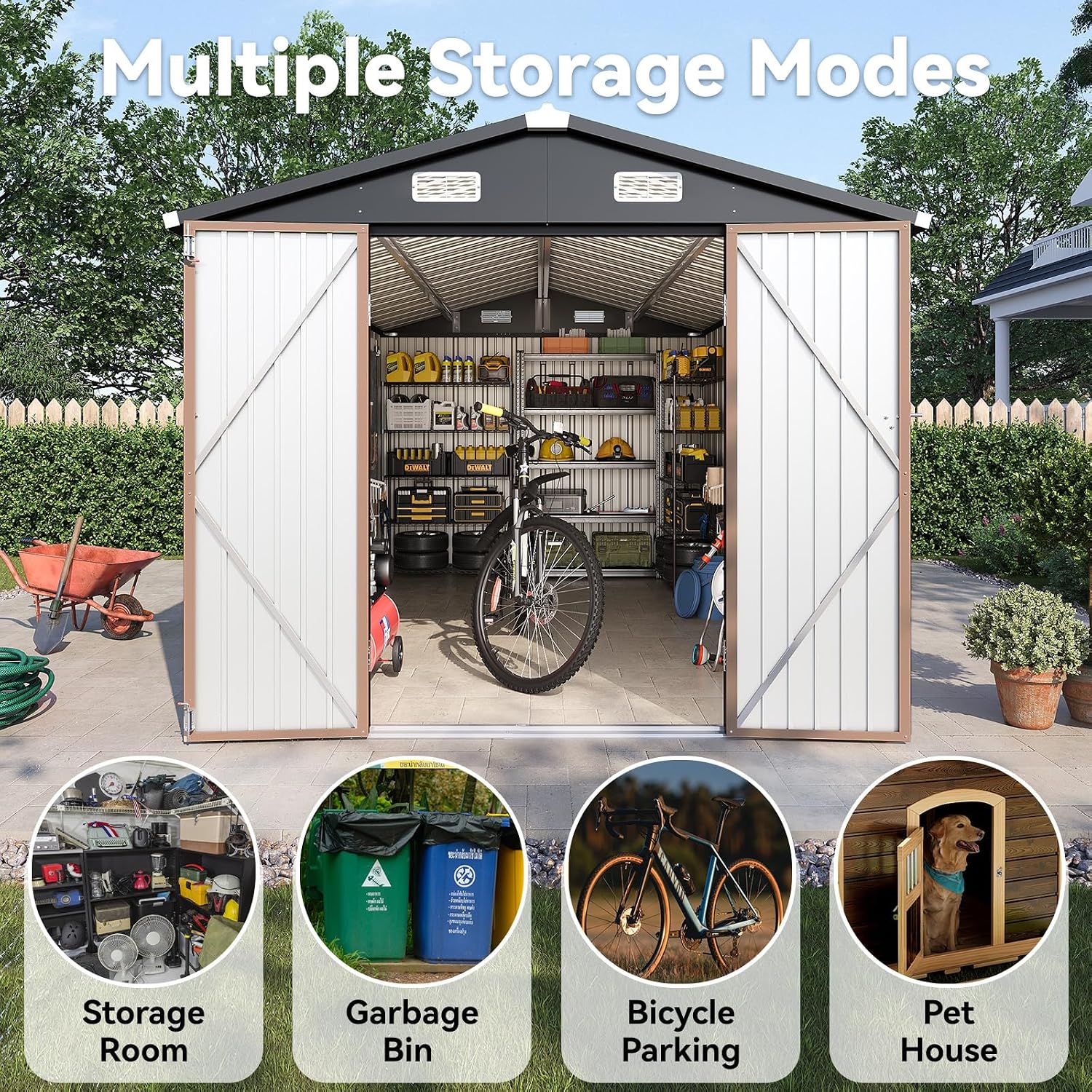 8x12FT Outdoor Storage Shed, Metal Garden Shed with Lockable Double Doors & Sloping Roof, Weather-Resistant Tool Shed for Backyard, Patio, Poolside Brown