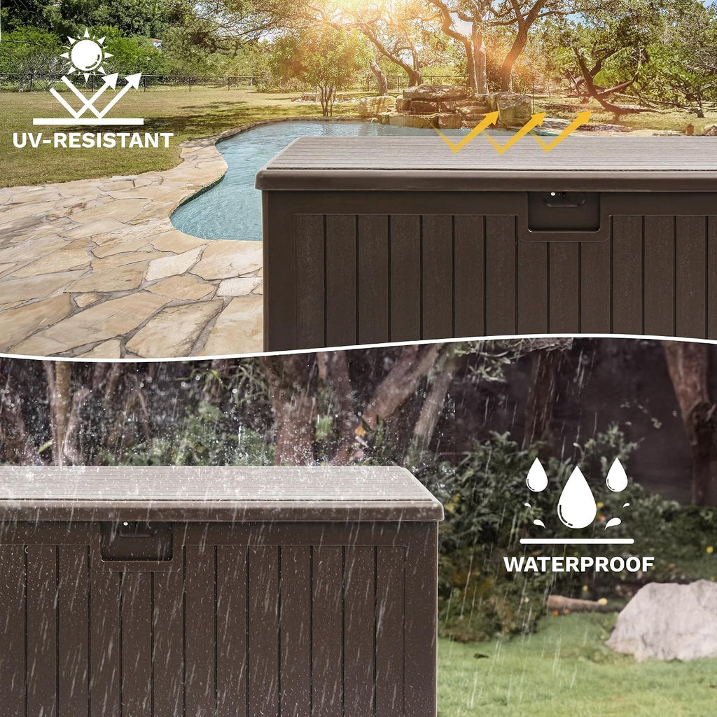 DWVO 180 Gallon Double-Wall Deck Box, XL Large Resin Outdoor Storage Box, Lockable & Waterproof, Double as Seating, 1000lbs Capacity (Brown)
