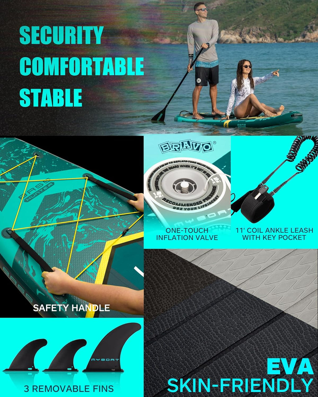 MYBOAT 11'6'×34'×6' Extra Wide Inflatable Paddle Board, Stand Up Paddle Board for Fishing, Sup Board with 3 Removable Fins, Dual Bungees, Camera Mount, Hand Pump, Strong Paddle,Leash
