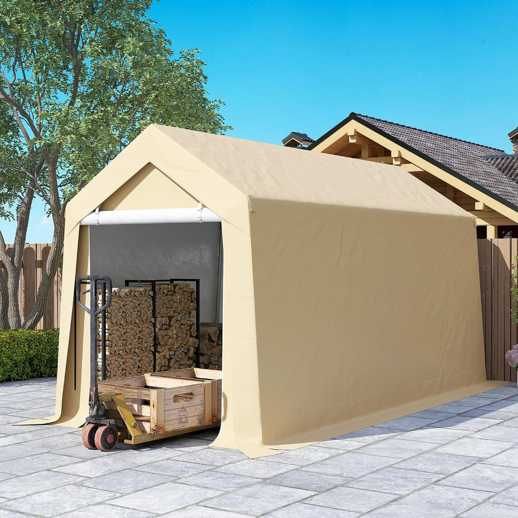 Outsunny 7' x 12' Portable Storage Shed Shelter, Heavy Duty Outdoor Shed, Waterproof Garden Storage Tent with Ventilation Window and Roll-up Zipper Door for Bike, Motorcycle, Garden Tools, Beige