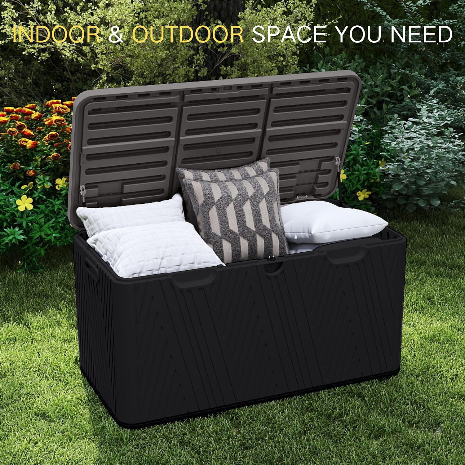 120 Gallon Outdoor Storage Box, Square Resin Deck Box with Hydraulic Lid, Waterproof Plastic Patio Storage for Cushions, Pool Supplies, Garden Tools, Black