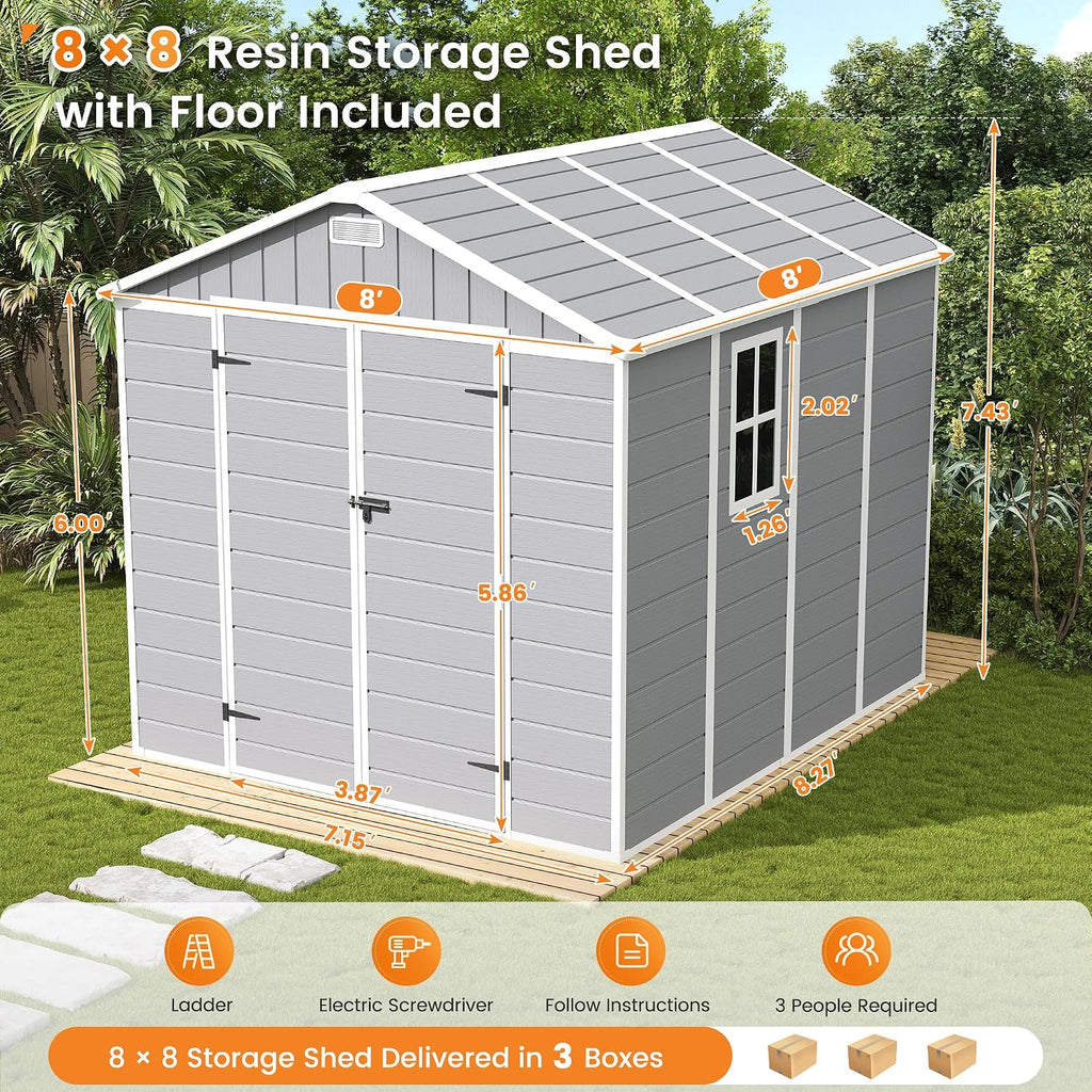 UDPATIO Storage Shed 8 x 8 FT, Resin Outdoor Outside Shed Clearance Sheds with Floor Included Plastic Solitude Cottage Shed She Sheds Buildings Garden Tool Shed with Lockable Door Garbage Gray White